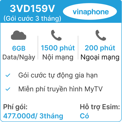 Sim 4G Vinaphone 3Vd159V (6Gb/Ngày) - 3 Tháng Có Nghe Gọi (Thành Phẩm)