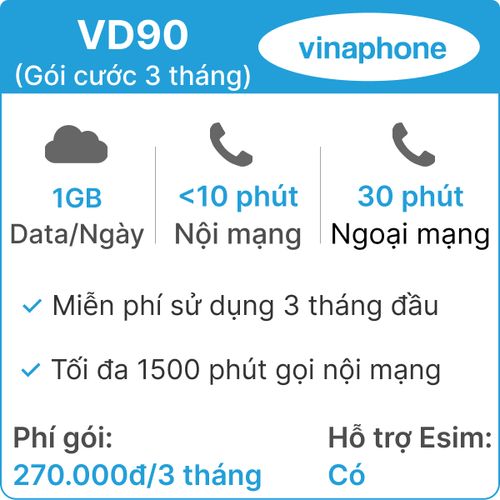 Sim 4G Vinaphone 3Vd90 (1Gb/Ngày) - 3 Tháng Có Nghe Gọi (Thành Phẩm)