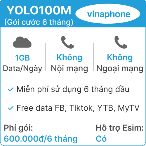 Sim 4G Vinaphone 6Yolo100 (1Gb/Ngày) (Free Tiktok - Ytb - Fb) - 6 Tháng (Thành Phẩm)