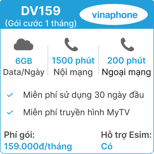 Sim Vinaphone D159V 6Gb/Ngày - Gói Cước 1 Tháng