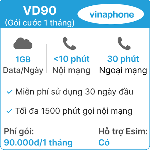 Sim 4G Vinaphone Vd90 (1Gb/Ngày) - 1 Tháng Có Nghe Gọi (Thành Phẩm)