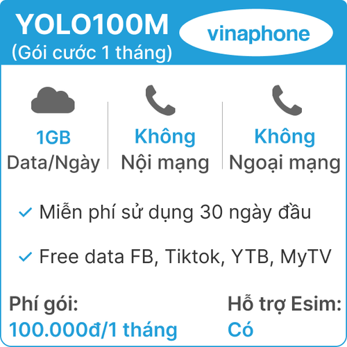 Sim 4G Vinaphone Yolo100 (1Gb/Ngày) (Free Tiktok - Ytb - Fb) - 1 Tháng (Thành Phẩm)