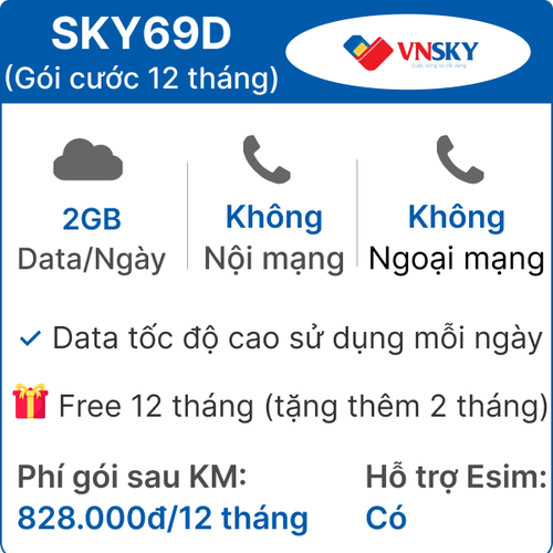 Sim 4G Vnsky Sky69D 2Gb/Ngày - Free 12 Tháng ( Tặng Thêm 2 Tháng)