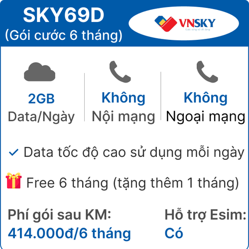 Sim 4G Vnsky Sky69D 2Gb/Ngày - Free 6 Tháng ( Tặng Thêm 1 Tháng)