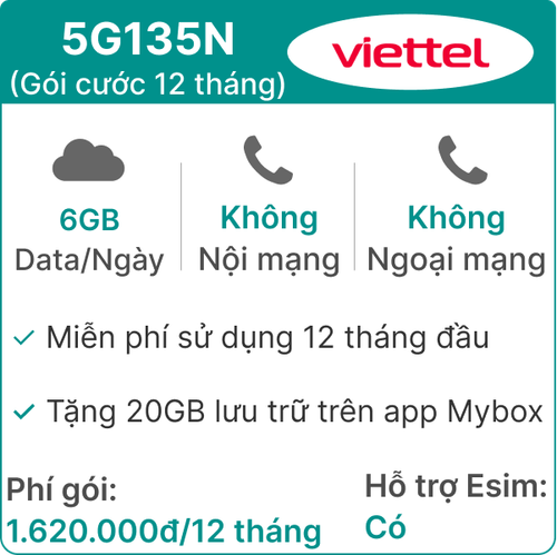 Sim 5G Viettel 12T5G135N 6Gb/Ngày (Free Tv360 4K - 20Gb Mybox) - 12 Tháng