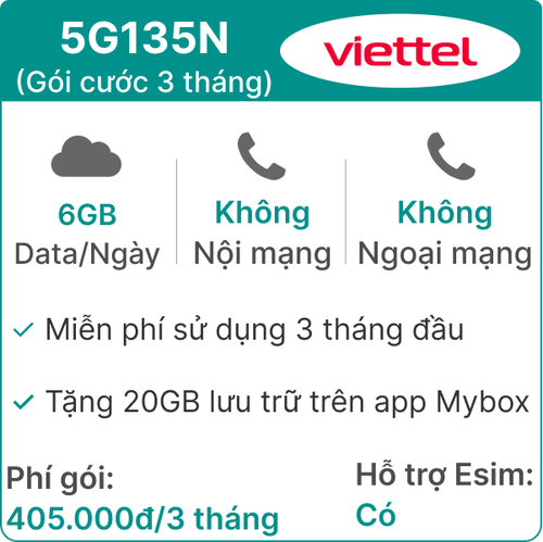 Sim 5G Viettel 3T5G135N 6Gb/Ngày (Free Tv360 4K - 20Gb Mybox) - 3 Tháng