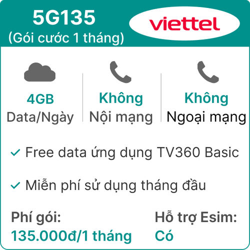 Sim 5G Viettel 5G135 4Gb/Ngày (Free Tv360 4K - 20Gb Mybox)