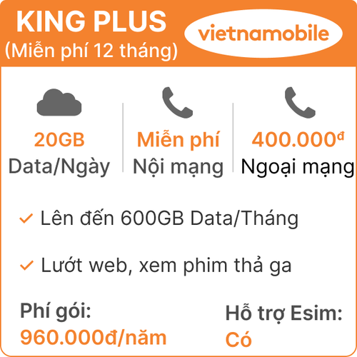 Sim Data 4G Vietnamobile King Plus 20Gb/Ngày - Miễn Phí 12 Tháng