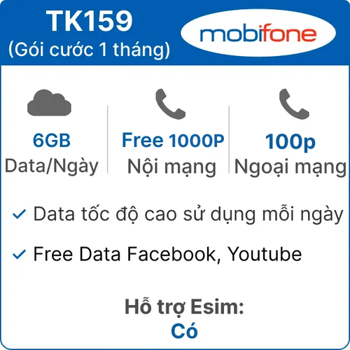 Sim Mobifone Tk159 6Gb/Ngày - Gói Cước 1 Tháng