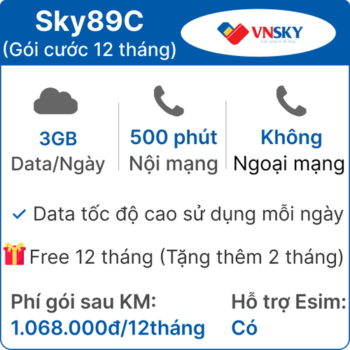 Sim 4G Vnsky Sky89C 3Gb/Ngày - Miễn Phí 12 Tháng (Tặng Thêm 2 Tháng)