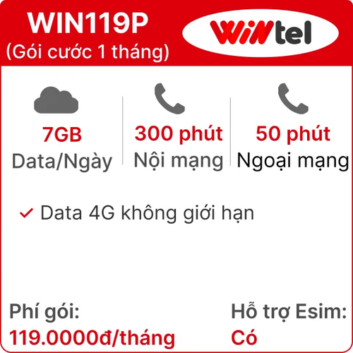 Sim Wintel Win119P 7Gb/Ngày - Gói Cước 1 Tháng