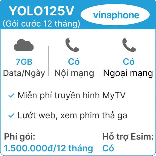 Sim Vinaphone Yolo125V 7Gb/Ngày - Gói Cước 12 Tháng