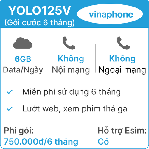 Sim Vinaphone Yolo125V 7Gb/Ngày - Gói Cước 6 Tháng