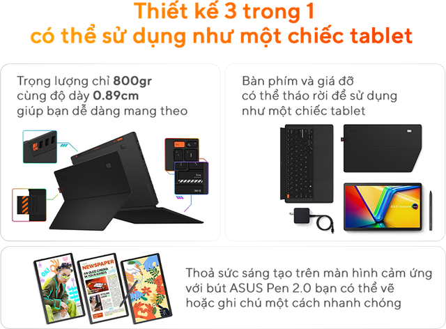 Thiết kế 3 trong 1, có thể sử dụng như một chiếc tablet