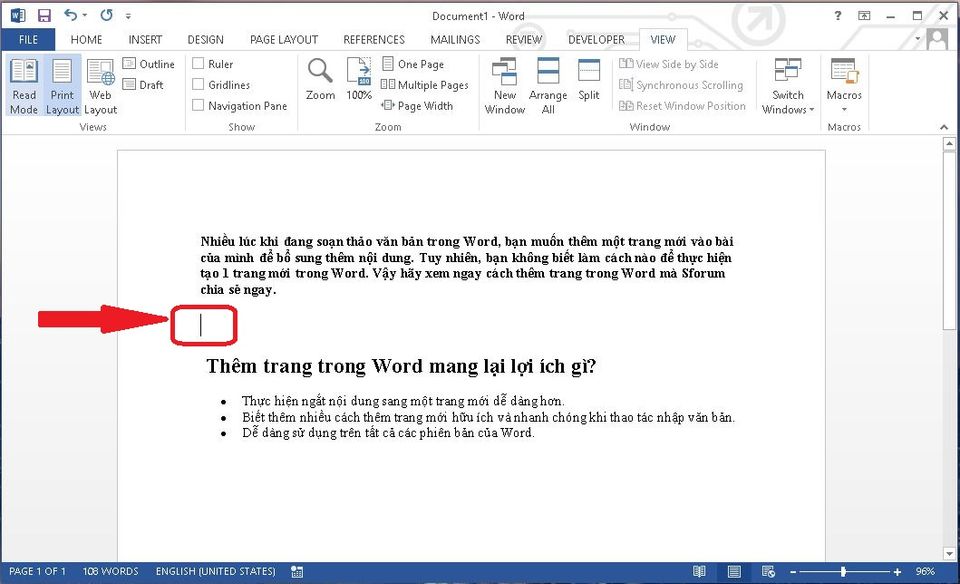 Hướng dẫn ngắt đoạn văn sang trang mới trong Word bước 1