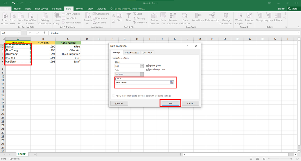 Cách tạo nên Drop List nhập Excel vày Data Validation - bước 3