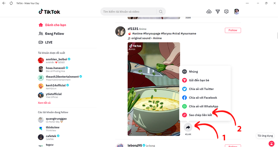 Sao chép liên kết TikTok trên laptop - Bước 1