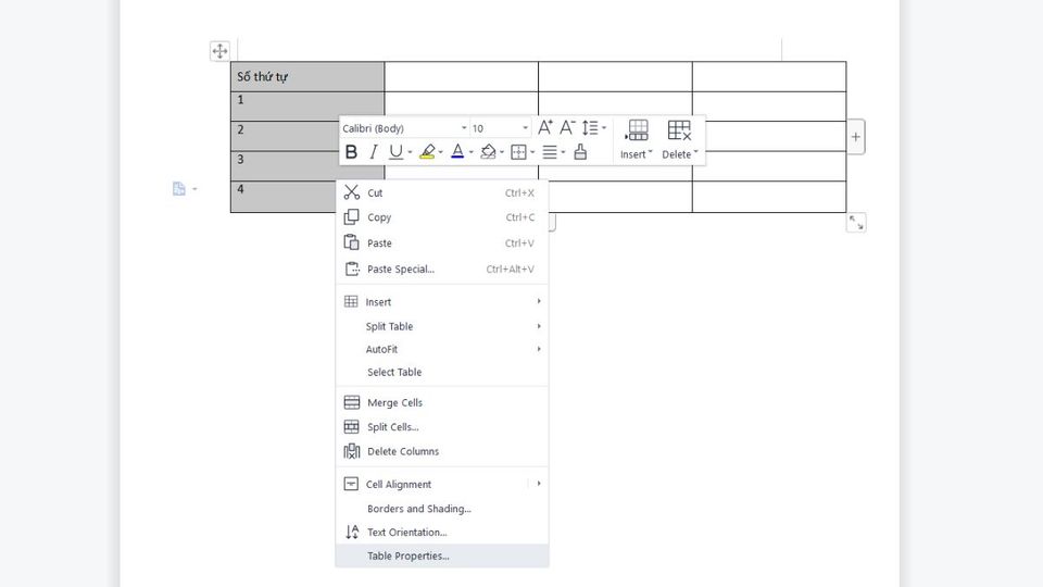 Bước 1: Cách dùng Lệnh căn chữ nằm giữa ô trong Word bằng Table Properties