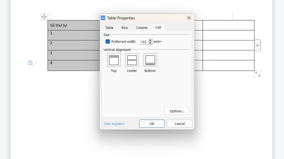 Bước 2: Cách dùng Lệnh căn chữ nằm giữa ô trong Word bằng Table Properties