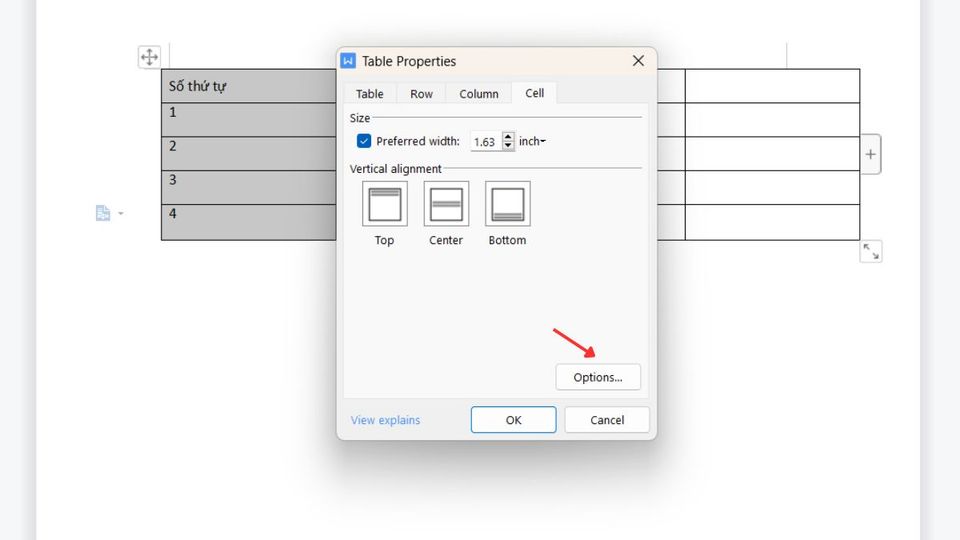 Bước 3: Cách dùng Lệnh căn chữ nằm giữa ô trong Word bằng Table Properties