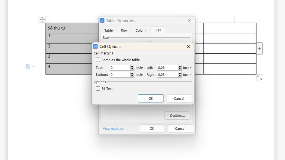 Bước 4: Cách dùng Lệnh căn chữ nằm giữa ô trong Word bằng Table Properties