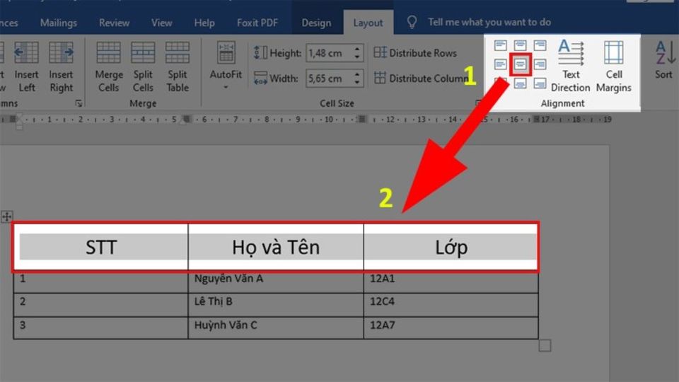 Bước 2: Cách dùng Lệnh căn giữa ô trong bảng theo chiều dọc và chiều ngang trong Word