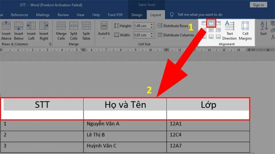 Vào mục Alignment rồi chọn Align Center để căn giữa ô bảng