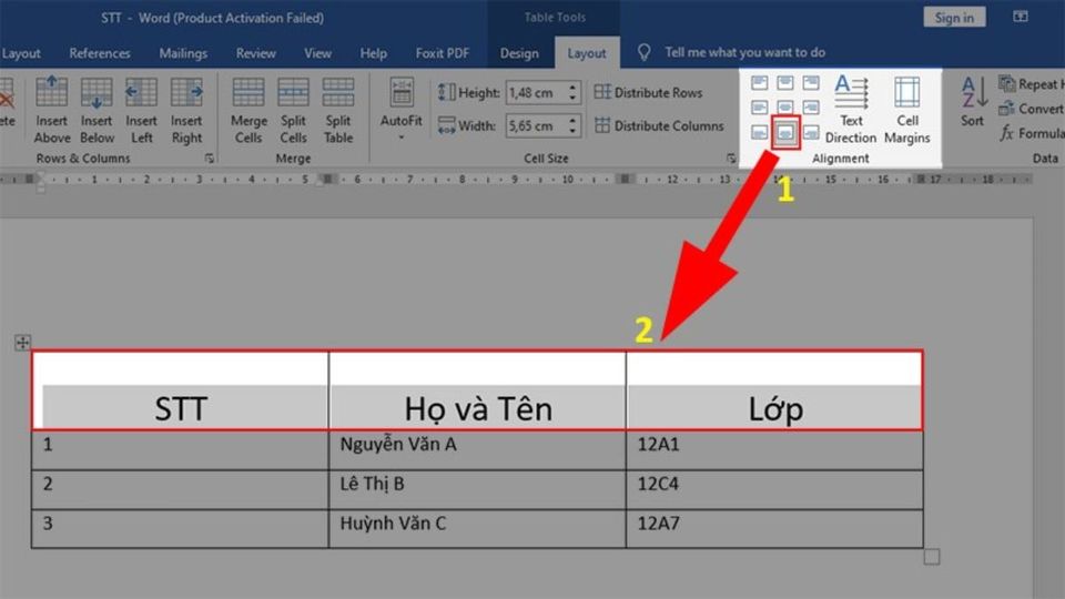 Cách dùng Align Bottom Center Vào mục Alignment rồi chọn Align Center để căn giữa ô bảng