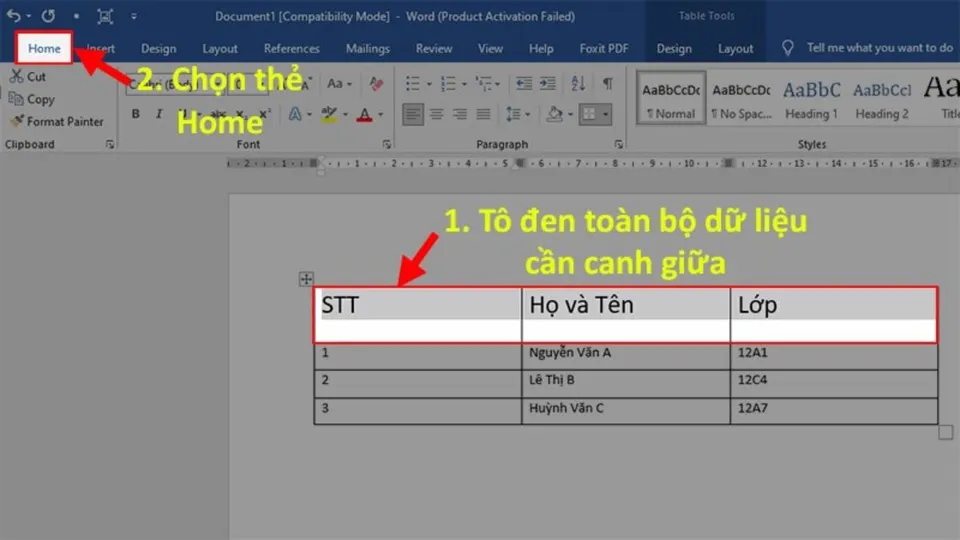 Bước 1: Cách dùng Lệnh căn giữa ô nằm trên thanh Ribbon trong word