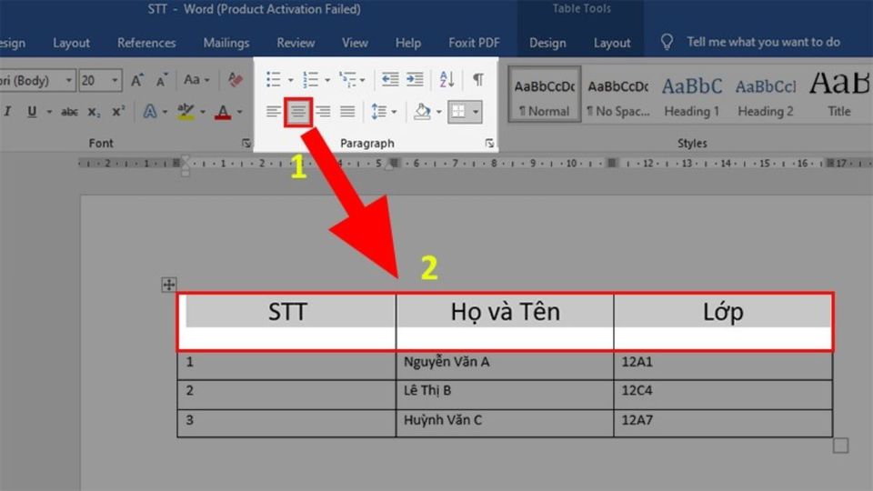 Bước 2: Cách dùng Lệnh căn giữa ô nằm trên thanh Ribbon trong word