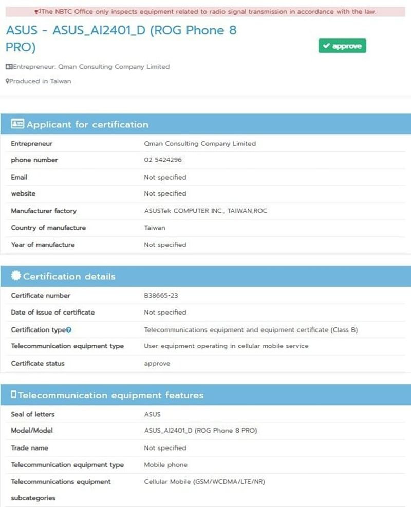 ROG Phone 8 Pro đạt chứng nhận NBTC