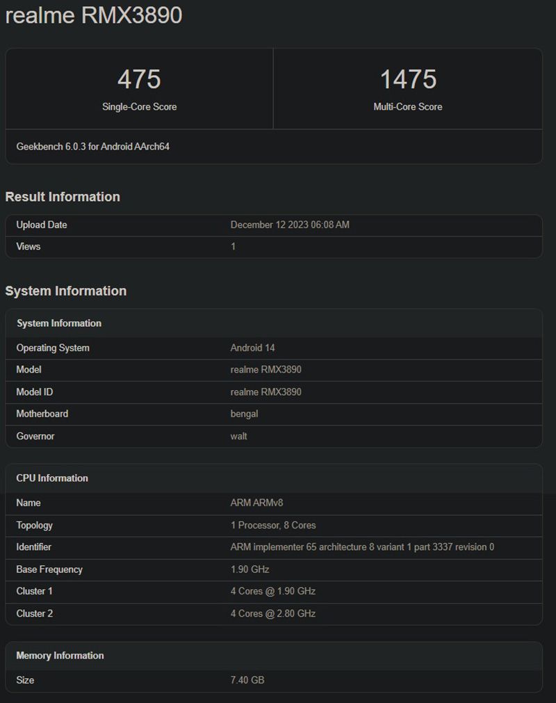 Thông tin Geekbench của realme C67 4G