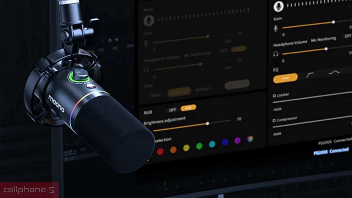 Kết nối kép linh hoạt của Microphone thu âm Maono RGB PD200X (gồm giá đỡ)