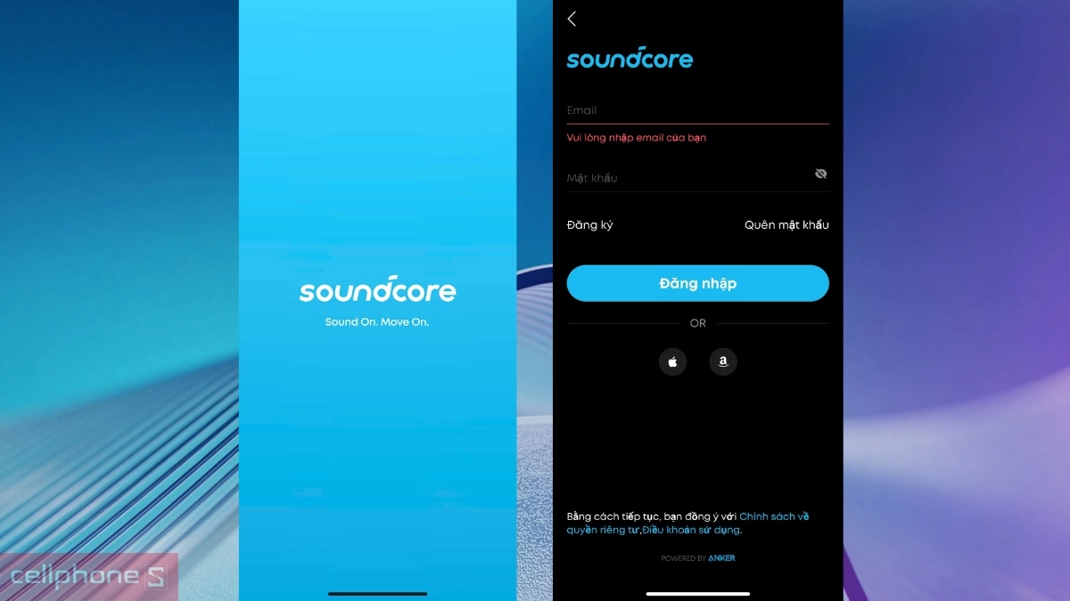 Mở ứng dụng Soundcore, đăng nhập/đăng ký