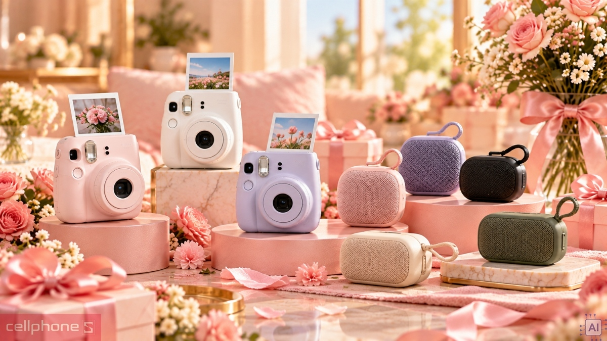 Máy ảnh chụp lấy liền và loa Bluetooth mini, quà 20/10 độc lạ