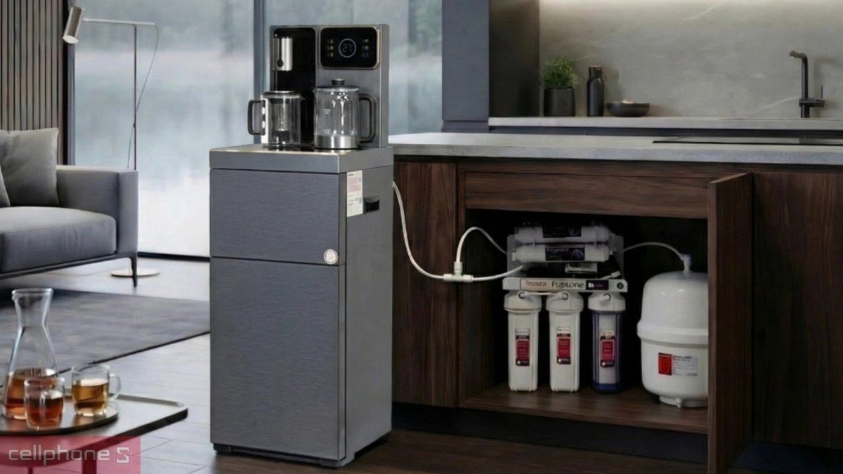 Kết nối hệ thống máy lọc RO trên Cây nước bàn trà cao cấp có ngăn khử khuẩn UV FujiHome TB241N-UV