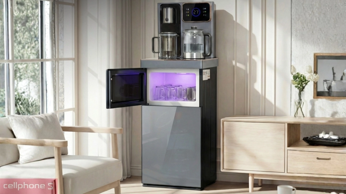 Khoang khử khuẩn tia UV của Cây nước bàn trà cao cấp có ngăn khử khuẩn UV FujiHome TB241N-UV