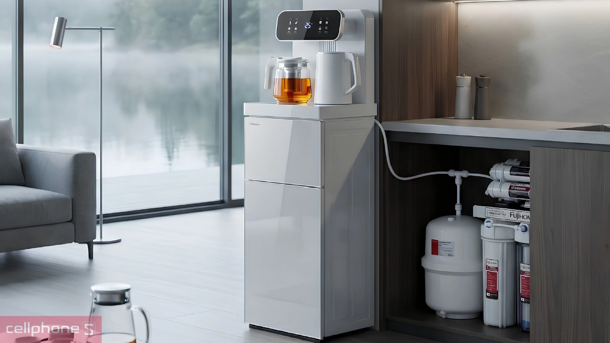 Kết nối hệ thống lọc RO cây nước nóng lạnh kết hợp bàn pha trà, cafe Fujihome TB237N