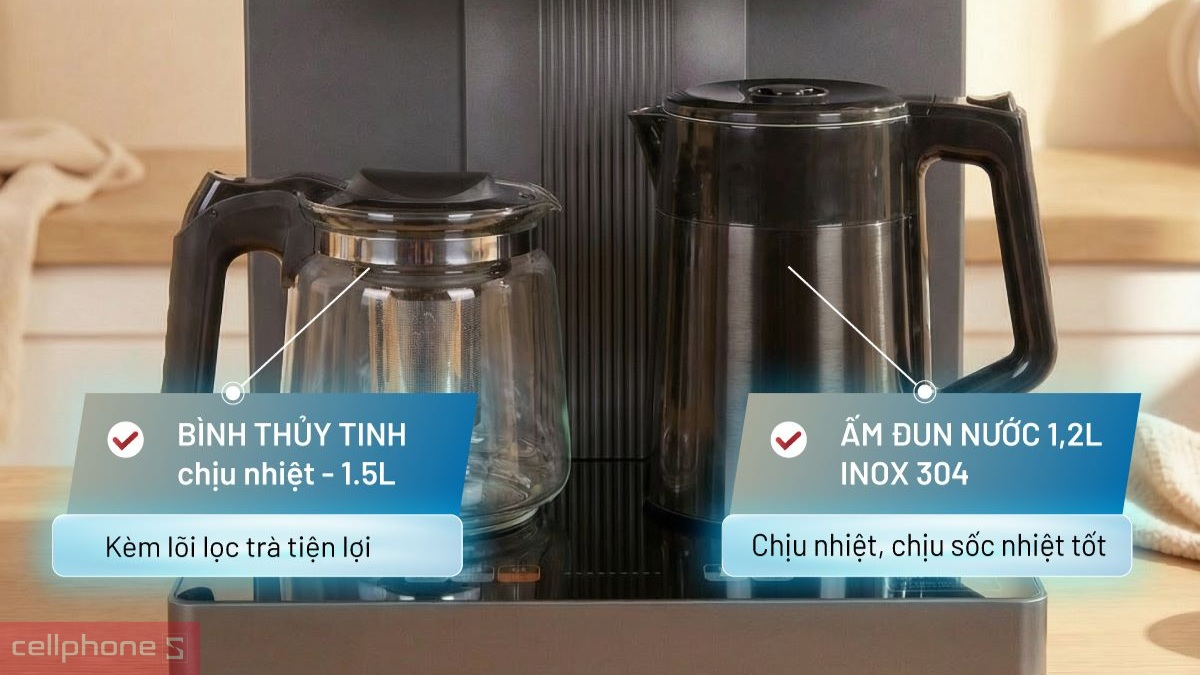 Bình thủy tinh và ấm đun cây nước nóng lạnh kết hợp bàn pha trà, cafe Fujihome TB243AN