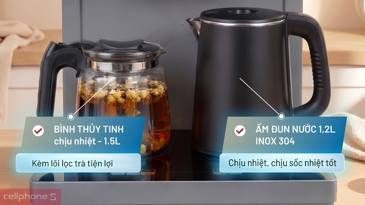 Ấm đun và bình thủy tinh của cây nước nóng lạnh kết hợp bàn pha trà, cafe FujiHome TB392N
