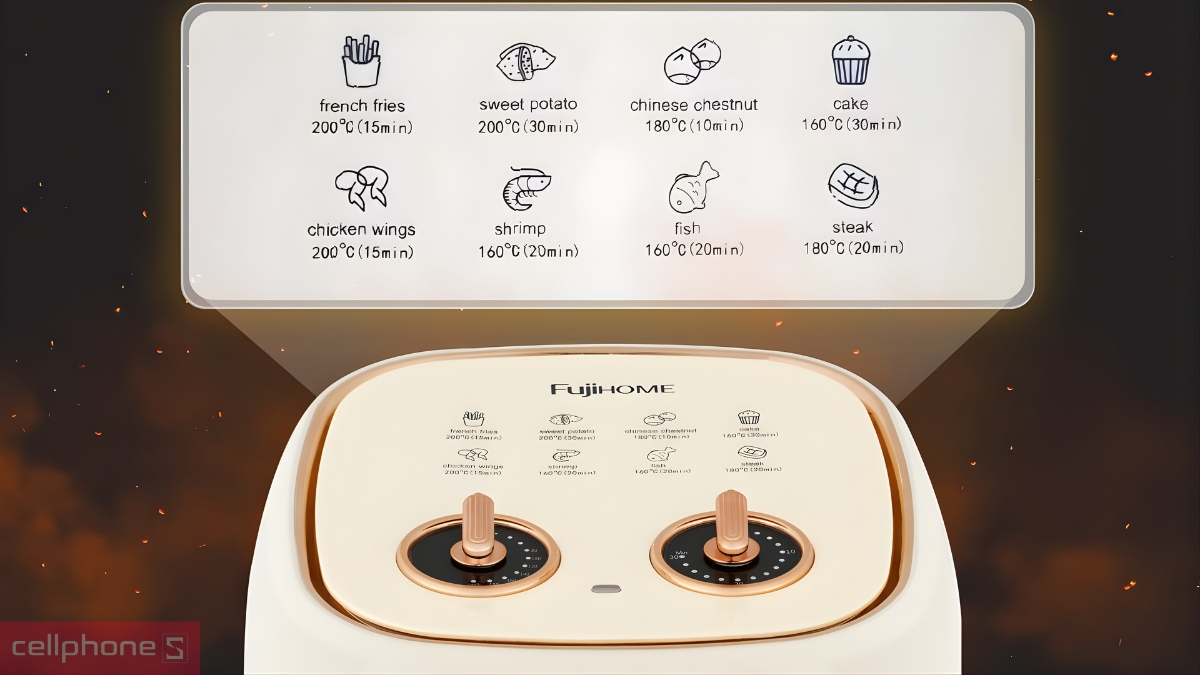 Chế độ nấu đa dạng của Nồi chiên không dầu Fujihome A6W 6,5 Lít
