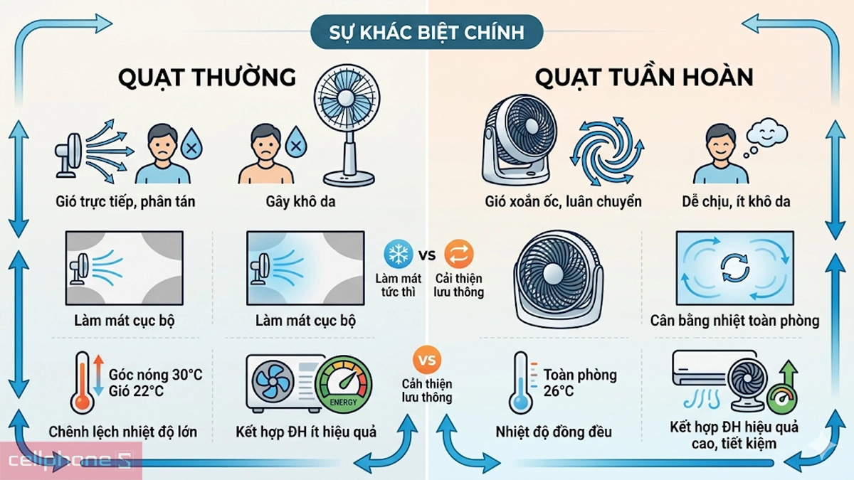 Quạt tuần hoàn vs quạt thường