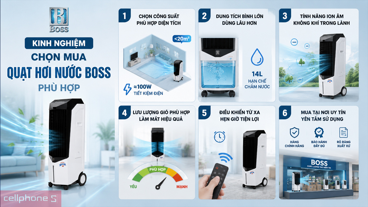 Quạt hơi nước Boss lựa chọn theo diện tích phòng và nhu cầu sử dụng 
