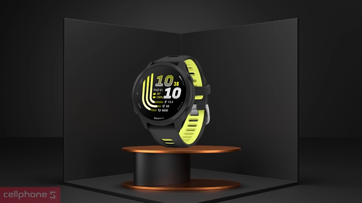 Cận cảnh màn hình cảm ứng AMOLED 1.2 inch hiển thị sắc nét và rực rỡ trên đồng hồ Garmin Forerunner 170