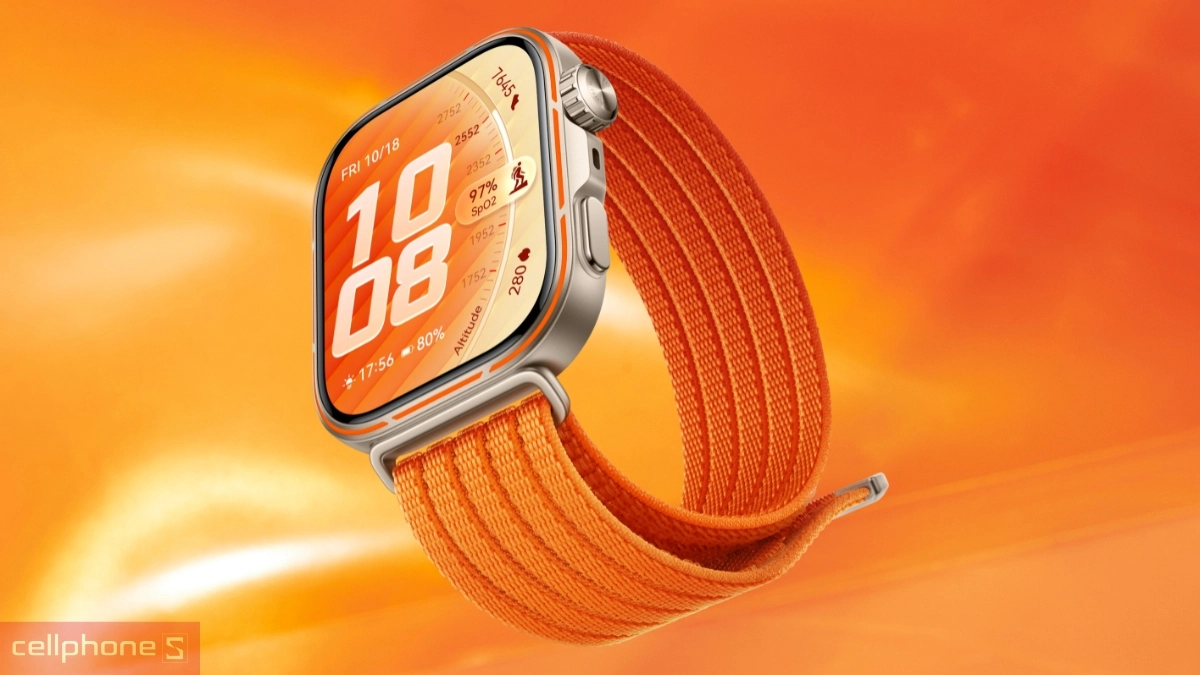 Cận cảnh thiết kế sang trọng và dây đeo vải dệt màu cam cá tính của Huawei Watch Fit 5 Pro