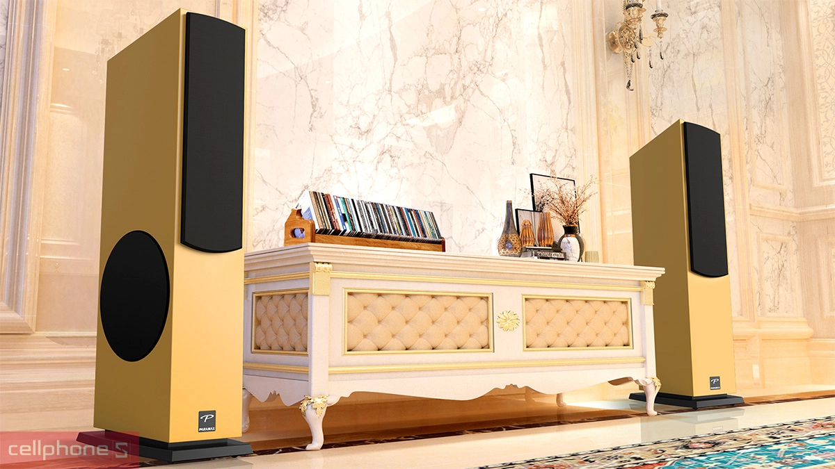 Vân gỗ và lớp phủ Piano Gloss trên thùng loa