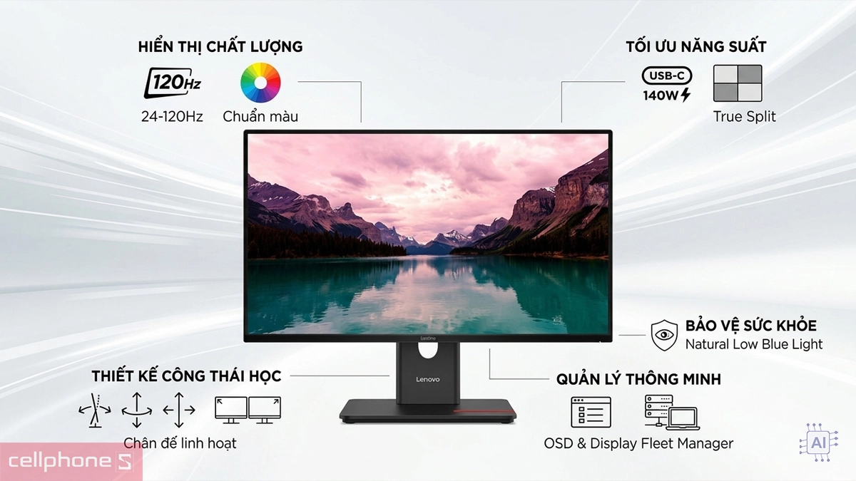 Màn hình Lenovo ThinkVision nổi bật với thiết kế công thái học và hiển thị chất lượng