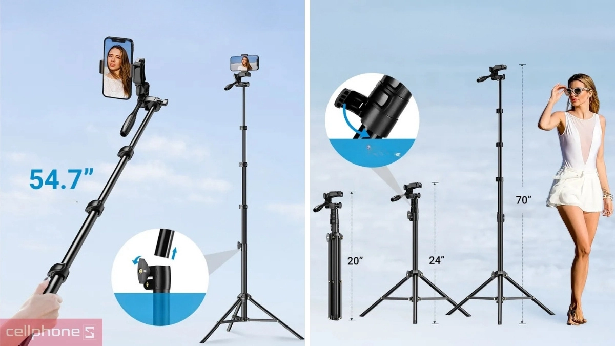 Thiết kế 2 trong 1 của tripod máy ảnh điện thoại Apexel JJ070