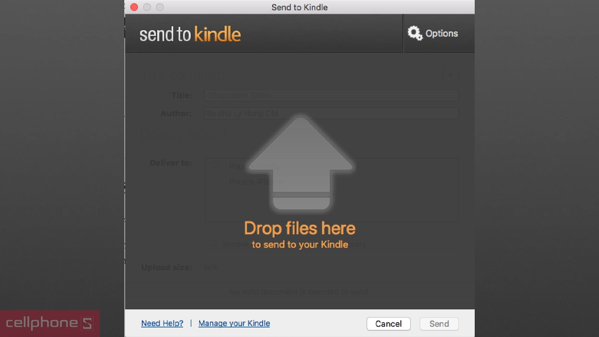 Chọn file E-book cần gửi đến máy đọc sách Kindle