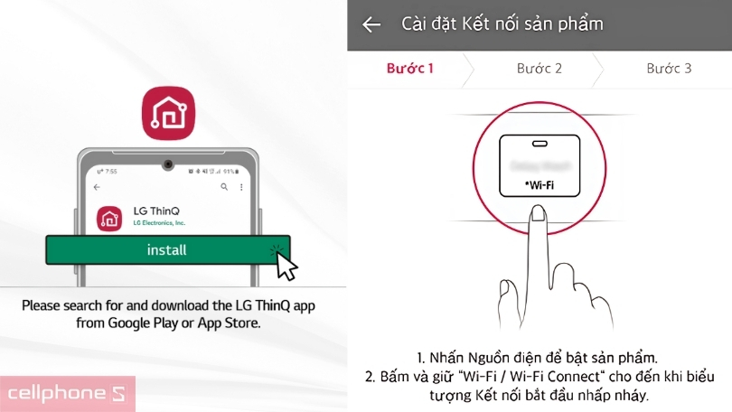 Hướng dẫn kết nối máy giặt LG AI Inverter cửa ngang 12kg FV1412S3B với điện thoại